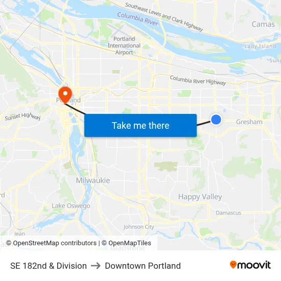 SE 182nd & Division to Downtown Portland map