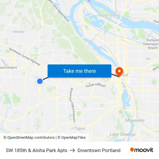 SW 185th & Aloha Park Apts to Downtown Portland map