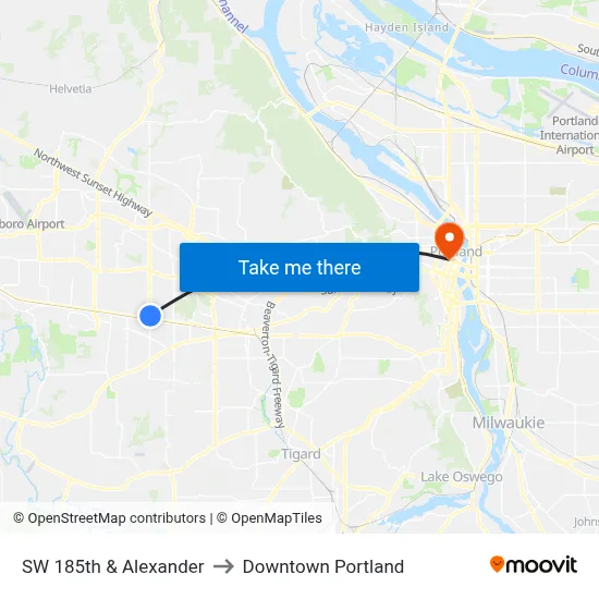 SW 185th & Alexander to Downtown Portland map
