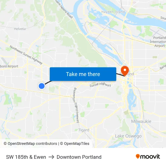 SW 185th & Ewen to Downtown Portland map