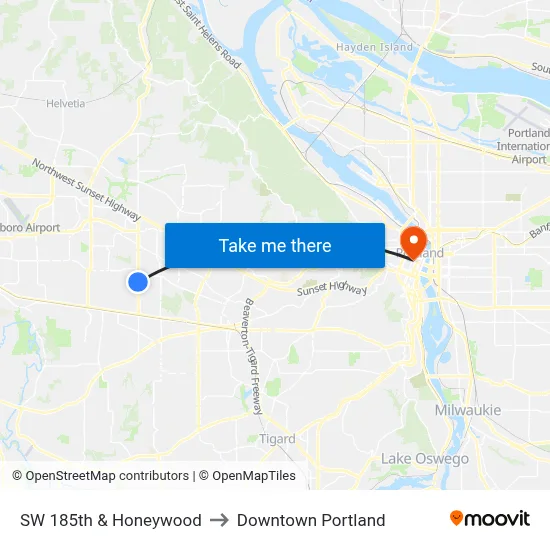 SW 185th & Honeywood to Downtown Portland map