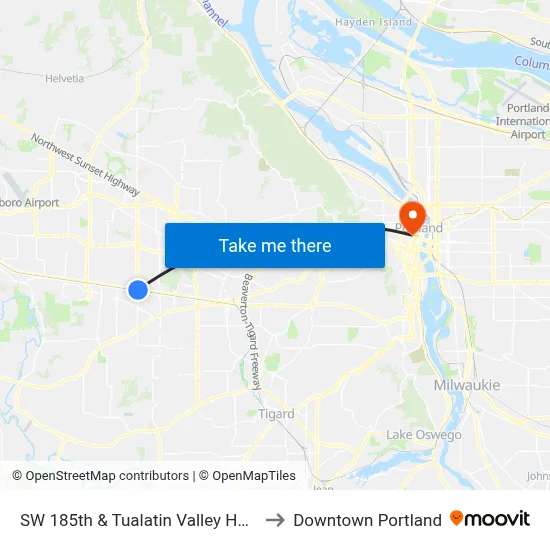 SW 185th & Tualatin Valley Hwy to Downtown Portland map