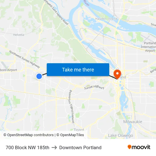 700 Block NW 185th to Downtown Portland map