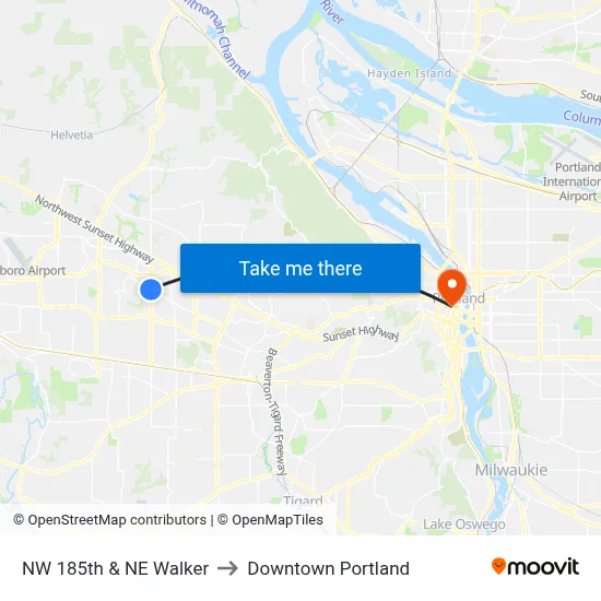 NW 185th & NE Walker to Downtown Portland map