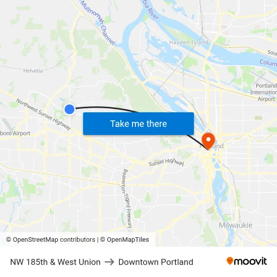NW 185th & West Union to Downtown Portland map