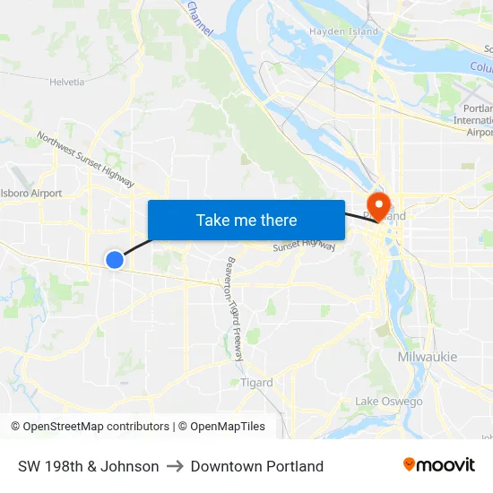 SW 198th & Johnson to Downtown Portland map