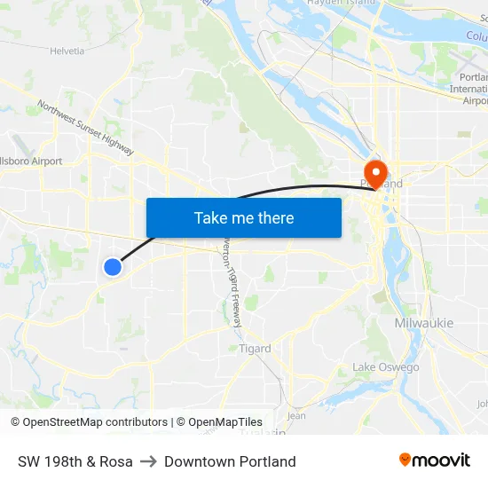 SW 198th & Rosa to Downtown Portland map