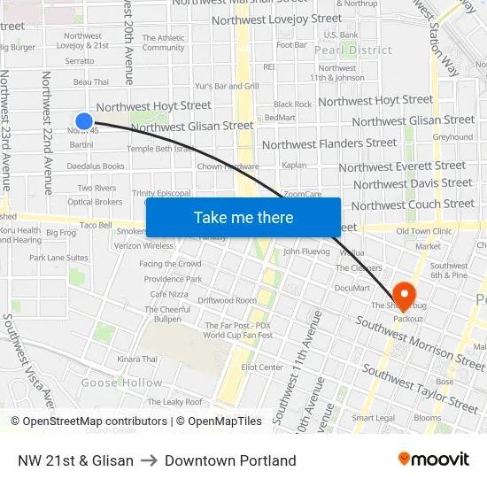 NW 21st & Glisan to Downtown Portland map