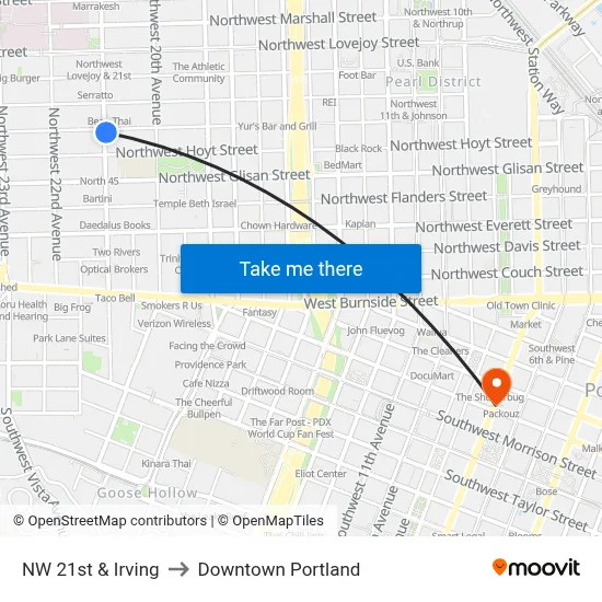NW 21st & Irving to Downtown Portland map