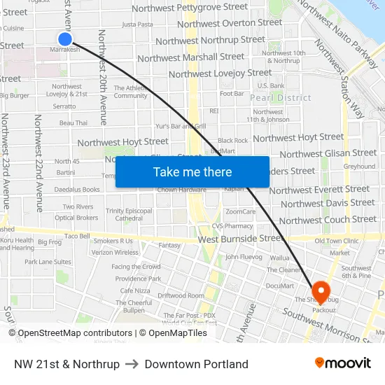 NW 21st & Northrup to Downtown Portland map