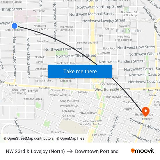 NW 23rd & Lovejoy (North) to Downtown Portland map