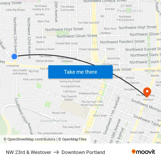 NW 23rd & Westover to Downtown Portland map