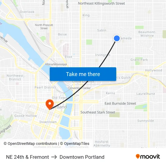 NE 24th & Fremont to Downtown Portland map