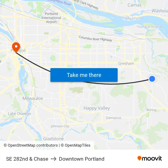 SE 282nd & Chase to Downtown Portland map
