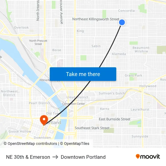 NE 30th & Emerson to Downtown Portland map