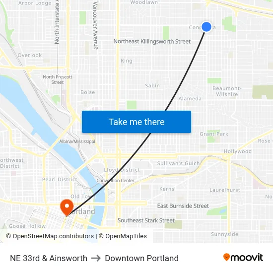 NE 33rd & Ainsworth to Downtown Portland map