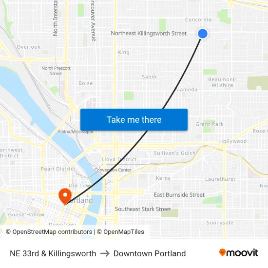 NE 33rd & Killingsworth to Downtown Portland map