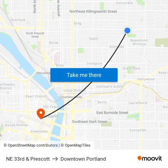 NE 33rd & Prescott to Downtown Portland map