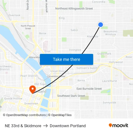 NE 33rd & Skidmore to Downtown Portland map