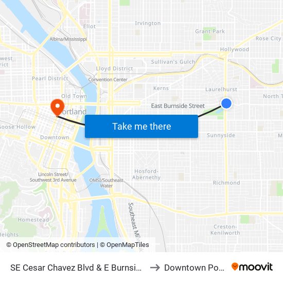 SE Cesar Chavez Blvd & E Burnside (North) to Downtown Portland map