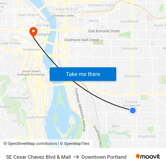 SE Cesar Chavez Blvd & Mall to Downtown Portland map