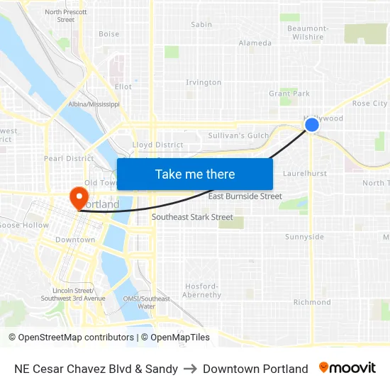 NE Cesar Chavez Blvd & Sandy to Downtown Portland map