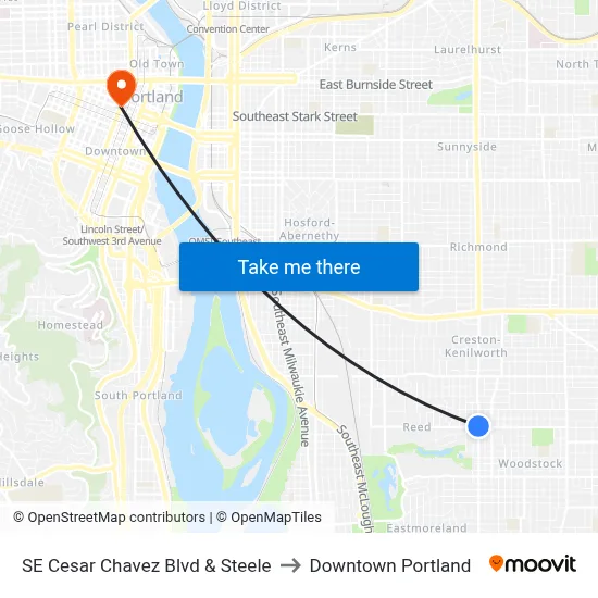 SE Cesar Chavez Blvd & Steele to Downtown Portland map