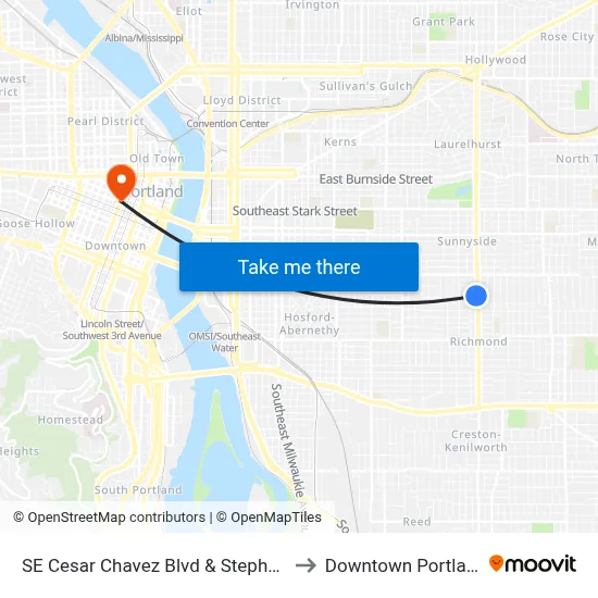 SE Cesar Chavez Blvd & Stephens to Downtown Portland map