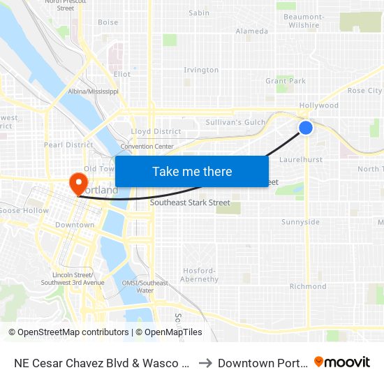 NE Cesar Chavez Blvd & Wasco (South) to Downtown Portland map