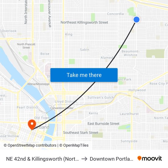 NE 42nd & Killingsworth (North) to Downtown Portland map