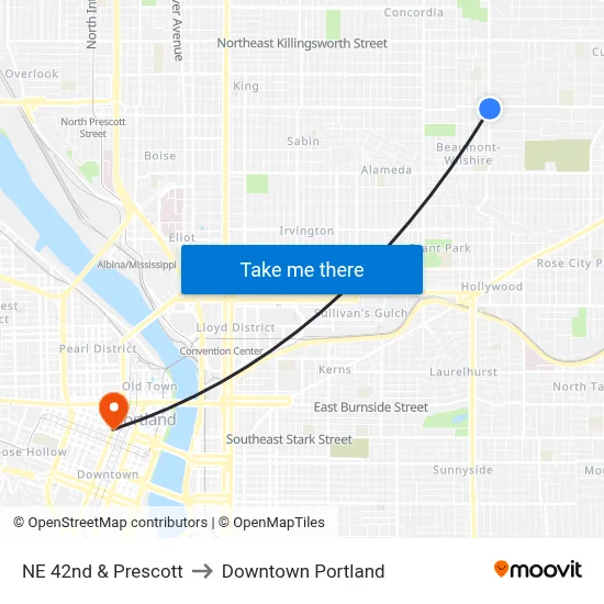 NE 42nd & Prescott to Downtown Portland map