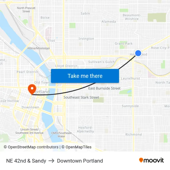NE 42nd & Sandy to Downtown Portland map