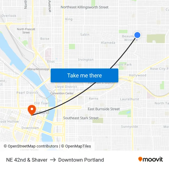 NE 42nd & Shaver to Downtown Portland map