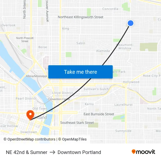 NE 42nd & Sumner to Downtown Portland map