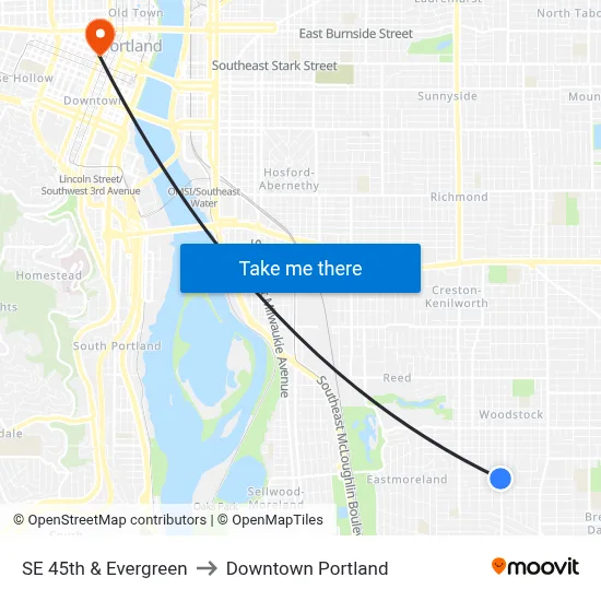 SE 45th & Evergreen to Downtown Portland map