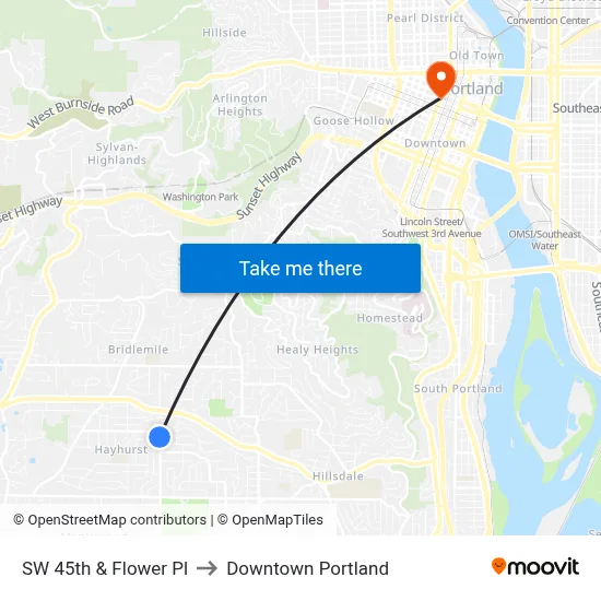 SW 45th & Flower Pl to Downtown Portland map