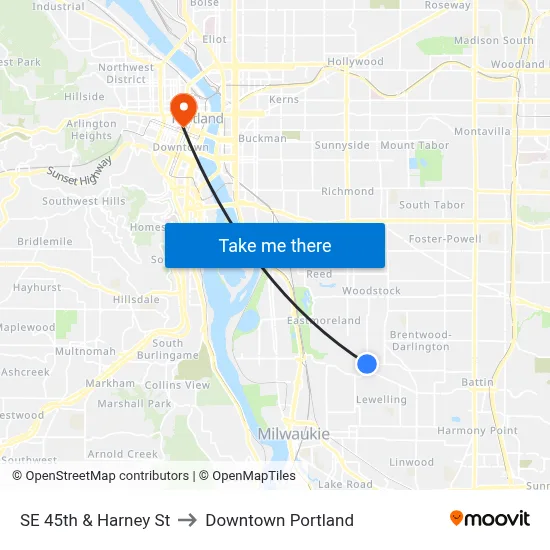 SE 45th & Harney St to Downtown Portland map