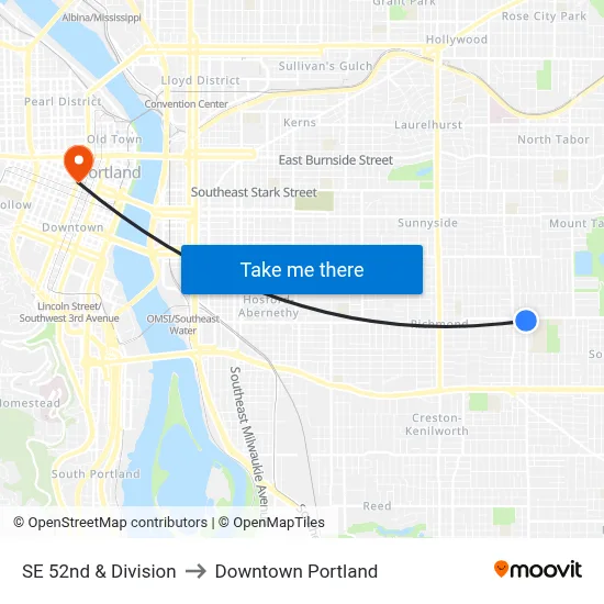 SE 52nd & Division to Downtown Portland map