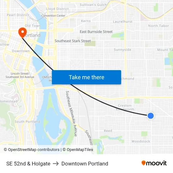SE 52nd & Holgate to Downtown Portland map