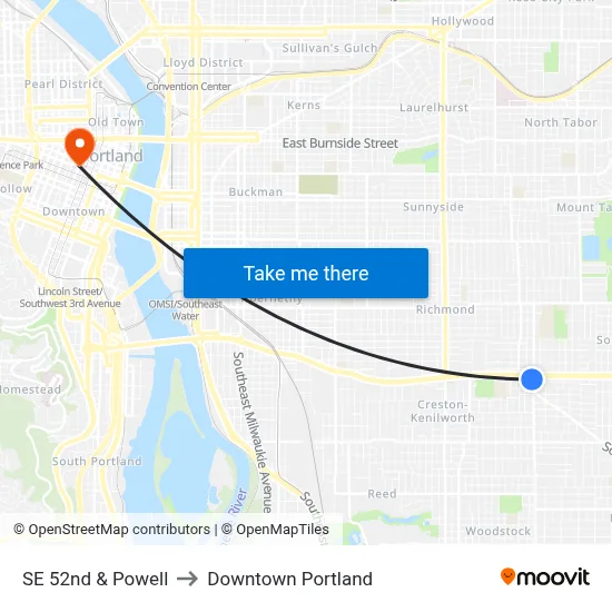 SE 52nd & Powell to Downtown Portland map