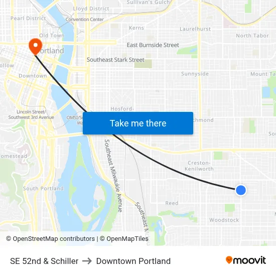 SE 52nd & Schiller to Downtown Portland map