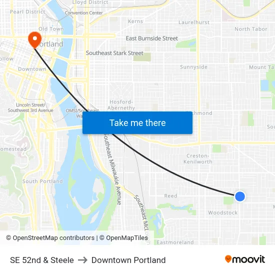 SE 52nd & Steele to Downtown Portland map