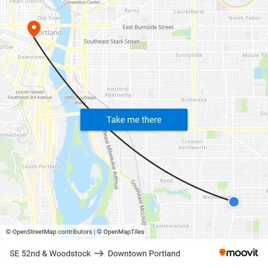 SE 52nd & Woodstock to Downtown Portland map
