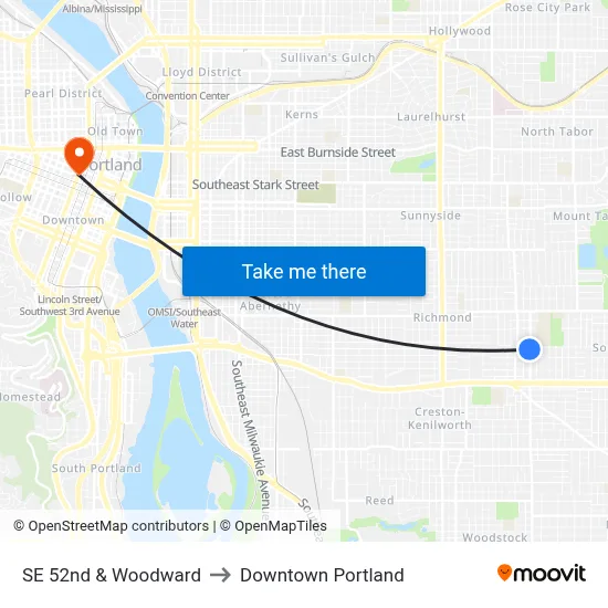 SE 52nd & Woodward to Downtown Portland map