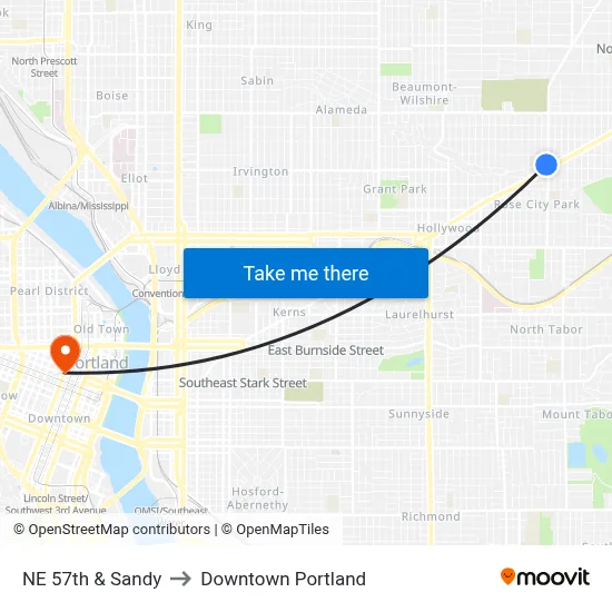 NE 57th & Sandy to Downtown Portland map