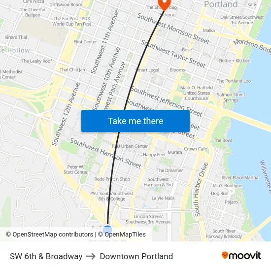 SW 6th & Broadway to Downtown Portland map