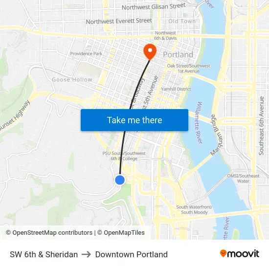 SW 6th & Sheridan to Downtown Portland map