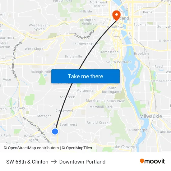 SW 68th & Clinton to Downtown Portland map