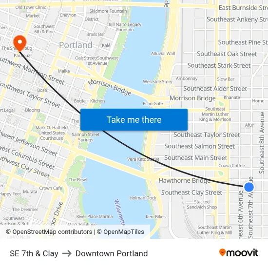 SE 7th & Clay to Downtown Portland map
