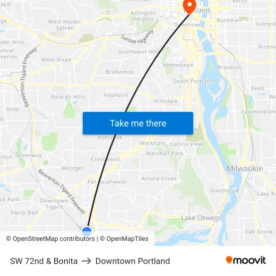 SW 72nd & Bonita to Downtown Portland map